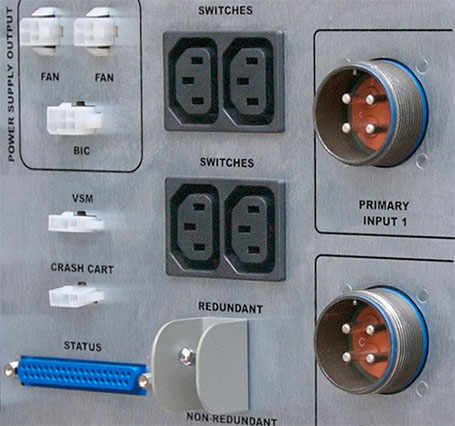 A closeup photo of a PDU rear panel with multiple types of cable connectors.