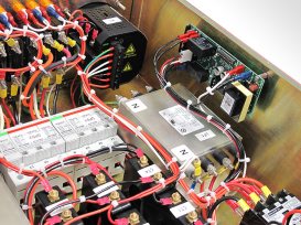 A photo of the inside of a custom PDU with integrated power conditioning capabilities.