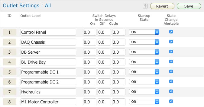 Cropped screen capture of the RCM outlet settings form.