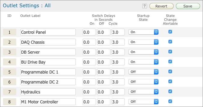 Cropped screen capture of the RCM outlet settings form.