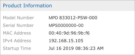 A fragment of the web interface System page showing the model number and serial number of an RCM product.