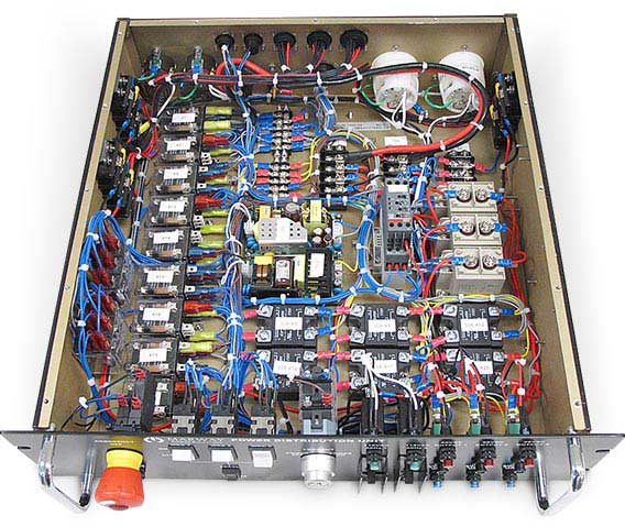 Inside of a PDU showing control capabilities on the front panel as well as the inernal relay circuitry.