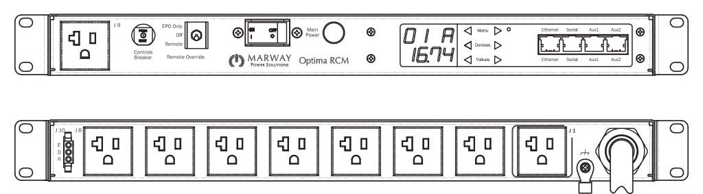 Product layout of front and back panels for Marway's MPD-820103-PSW-000 Optima PDU.