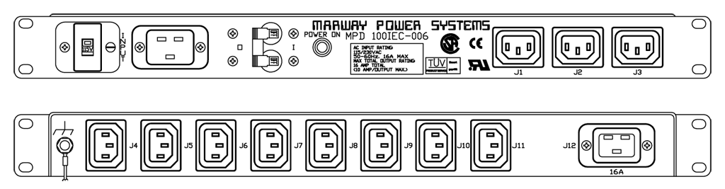 Product layout of front and back panels for Marway's MPD-100IEC-006 Optima PDU.