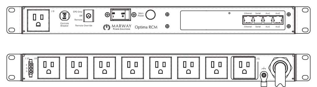 Product layout of front and back panels for Marway's MPD-820101-NSW-000 Optima PDU.