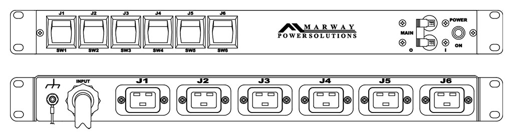 Product layout of front and back panels for Marway's MPD-85-012 Optima PDU.
