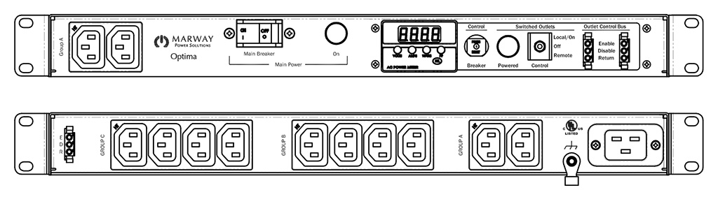 Product layout of front and back panels for Marway's MPD-520059-000 Optima PDU.