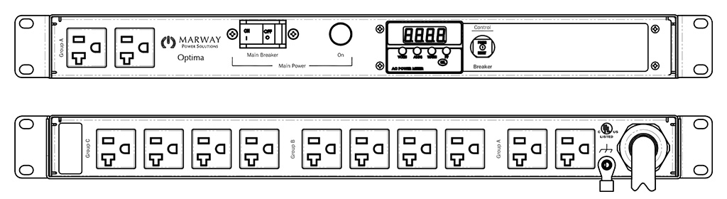 Product layout of front and back panels for Marway's MPD-520022-000 Optima PDU.