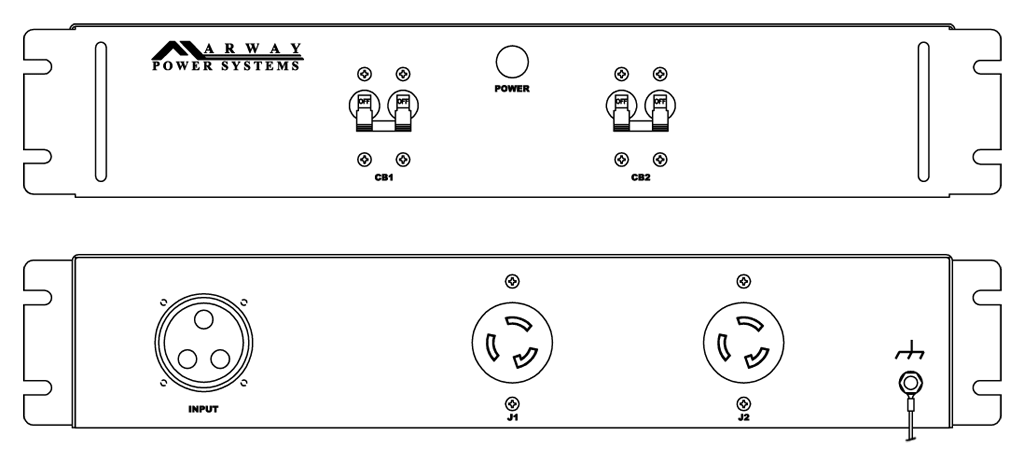 Product layout of front and back panels for Marway's MPD-250-004 Optima PDU.