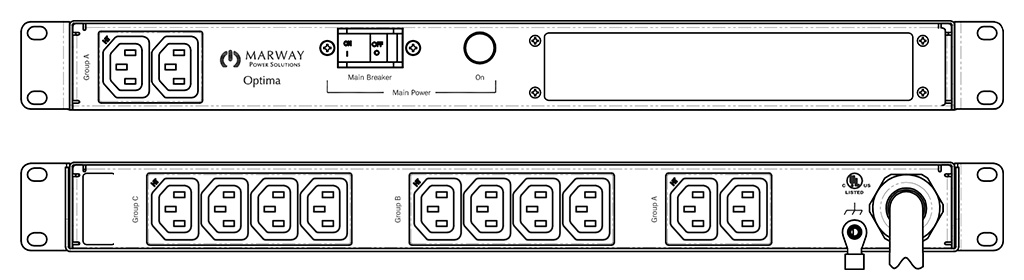 Product layout of front and back panels for Marway's MPD-520037-000 Optima PDU.