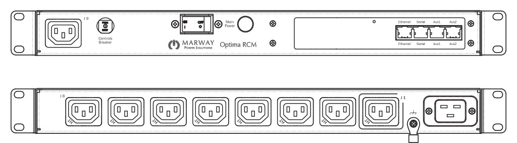 Product layout of front and back panels for Marway's MPD-820005-NSW-000 Optima PDU.