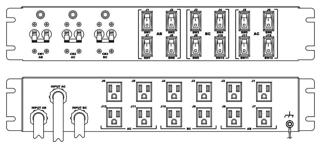 Product layout of front and back panels for Marway's MPD-411341-023 Optima PDU.