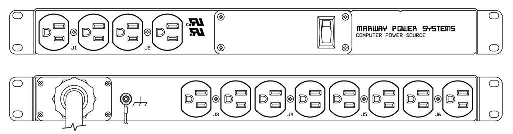 Product layout of front and back panels for Marway's MPD-90 Optima PDU.
