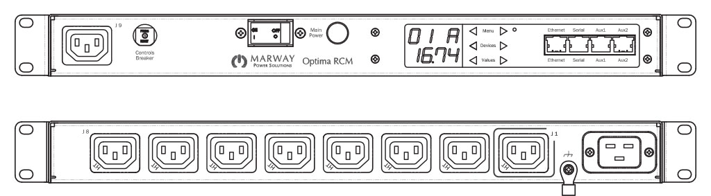 Product layout of front and back panels for Marway's MPD-820005-PSW-000 Optima PDU.