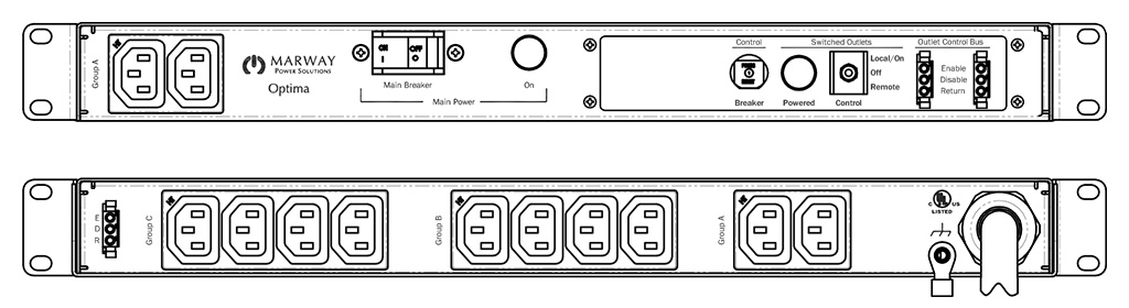 Product layout of front and back panels for Marway's MPD-520089-000 Optima PDU.