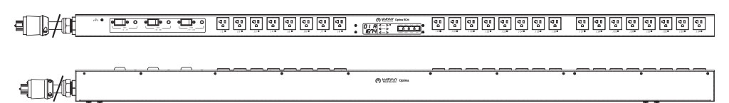 Product layout of front and back panels for Marway's MPD-839003-PSW-000 Optima PDU.