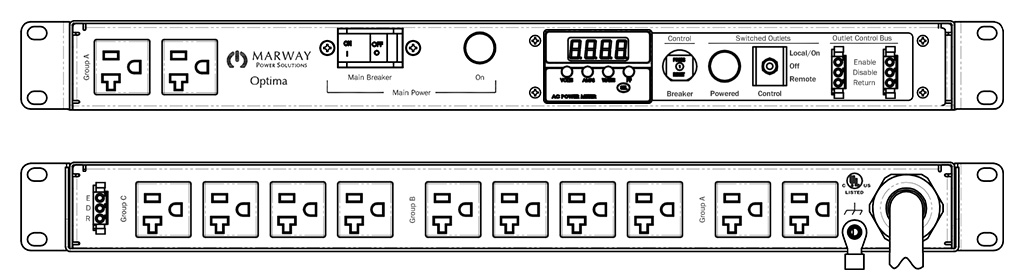 Product layout of front and back panels for Marway's MPD-520021-000 Optima PDU.