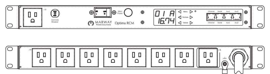 Product layout of front and back panels for Marway's MPD-820001-PSW-000 Optima PDU.