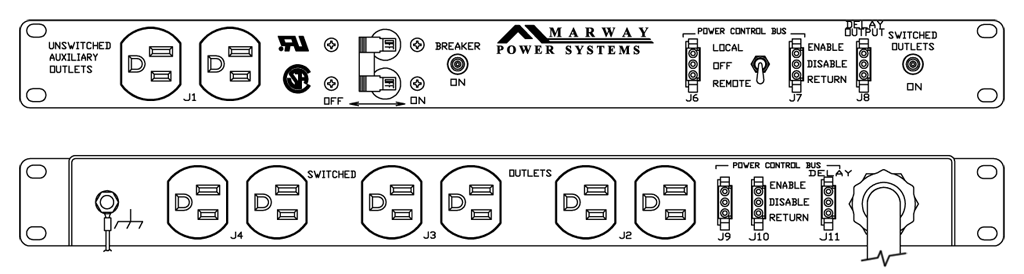 Product layout of front and back panels for Marway's MPD-100R-003 Optima PDU.