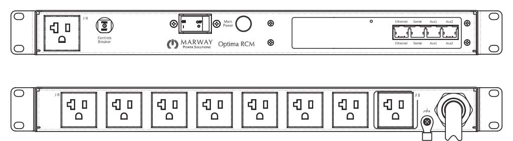 Product layout of front and back panels for Marway's MPD-820002-NSW-000 Optima PDU.