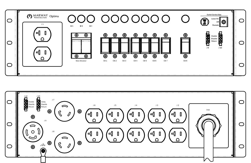Product layout of front and back panels for Marway's MPD-533013-000 Optima PDU.