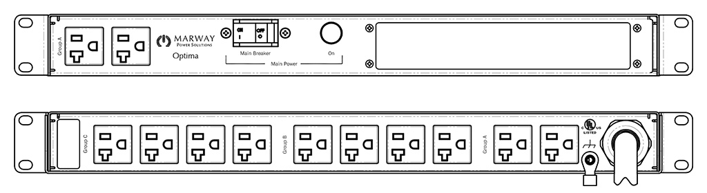 Product layout of front and back panels for Marway's MPD-520025-000 Optima PDU.
