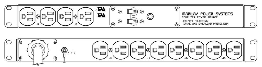 Product layout of front and back panels for Marway's MPD-80-001 Optima PDU.