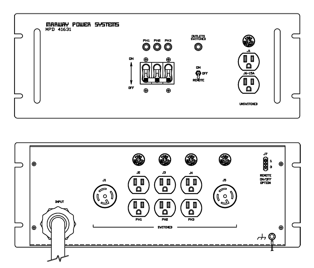 Product layout of front and back panels for Marway's MPD-41631-002 Optima PDU.
