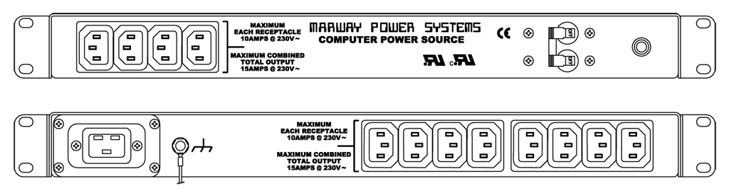 Product layout of front and back panels for Marway's MPD-82-002 Optima PDU.