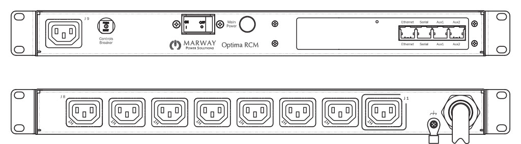 Product layout of front and back panels for Marway's MPD-820004-NSW-000 Optima PDU.