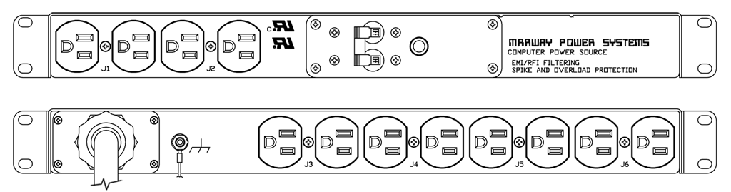 Product layout of front and back panels for Marway's MPD-80-003 Optima PDU.