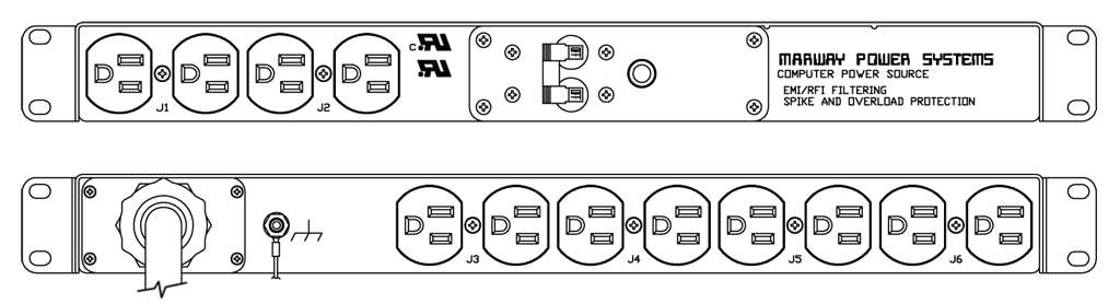 Product layout of front and back panels for Marway's MPD-80-002 Optima PDU.