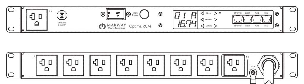 Product layout of front and back panels for Marway's MPD-820003-PSW-000 Optima PDU.