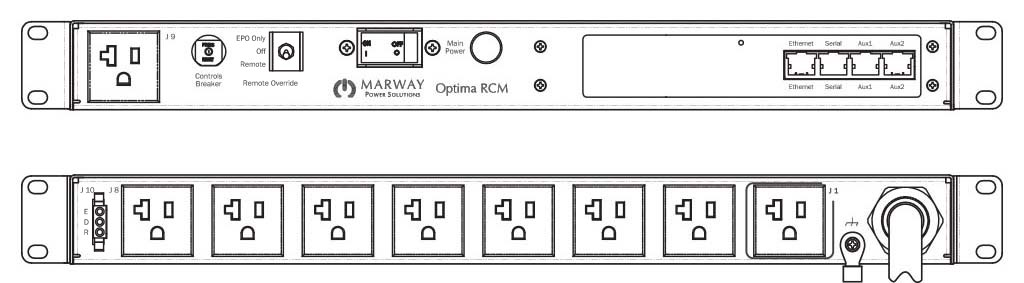 Product layout of front and back panels for Marway's MPD-820102-NSW-000 Optima PDU.