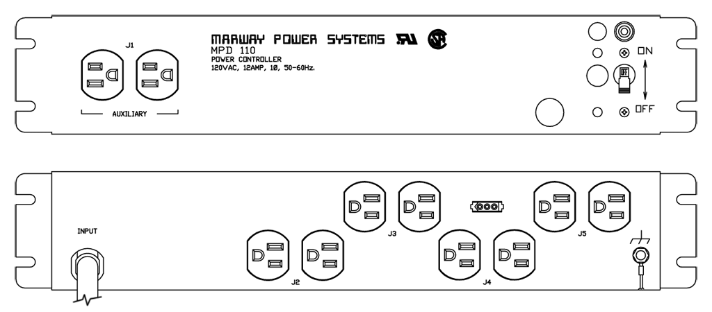 Product layout of front and back panels for Marway's MPD-110 Optima PDU.