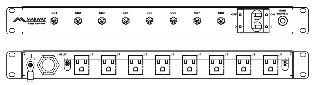 Product layout of front and back panels for Marway's MPD-85-018 Optima PDU.