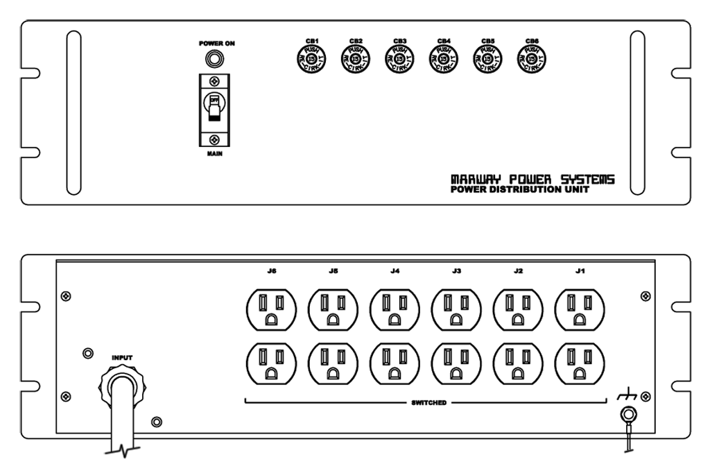 Product layout of front and back panels for Marway's MPD-411092-001 Optima PDU.