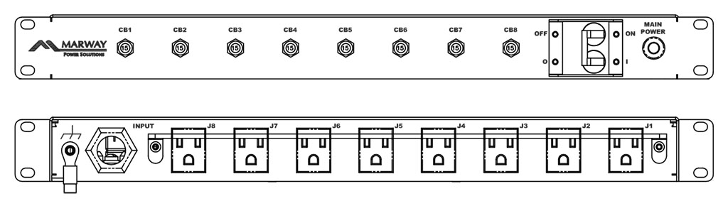 Product layout of front and back panels for Marway's MPD-85-014 Optima PDU.