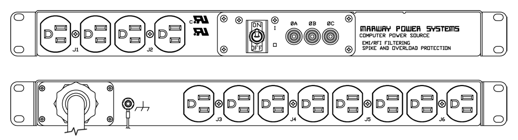 Product layout of front and back panels for Marway's MPD-83-001 Optima PDU.