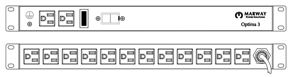 Product layout of front and back panels for Marway's MPD-320002-000 Optima PDU.