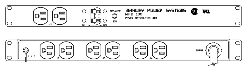 Product layout of front and back panels for Marway's MPD-100 Optima PDU.