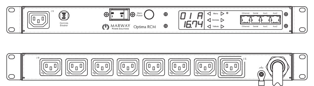 Product layout of front and back panels for Marway's MPD-820004-PSW-000 Optima PDU.