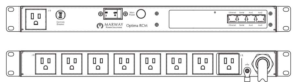 Product layout of front and back panels for Marway's MPD-820006-NSW-000 Optima PDU.
