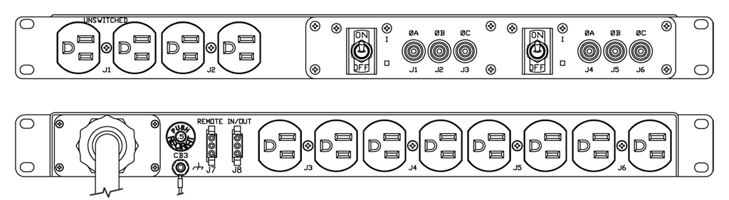 Product layout of front and back panels for Marway's MPD-103R-003 Optima PDU.