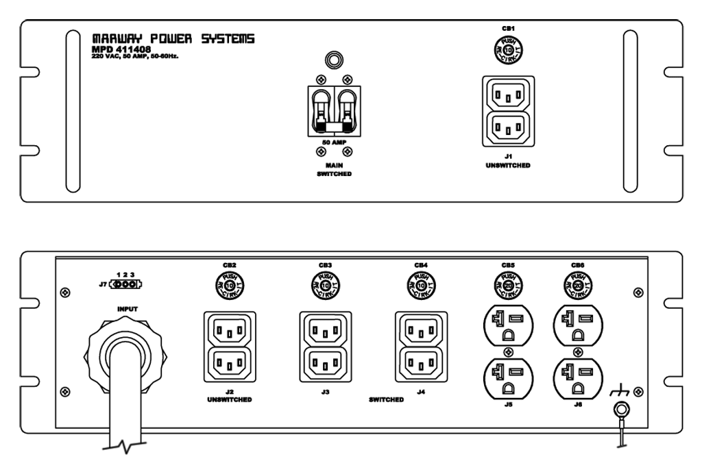 Product layout of front and back panels for Marway's MPD-411408 Optima PDU.