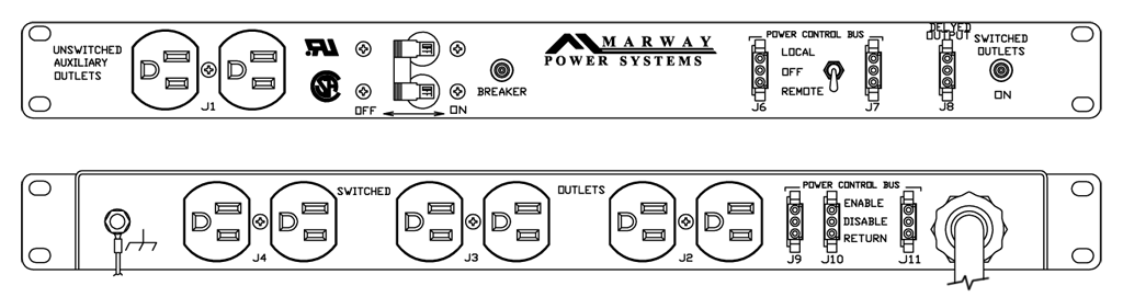 Product layout of front and back panels for Marway's MPD-100R Optima PDU.