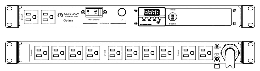 Product layout of front and back panels for Marway's MPD-520070-000 Optima PDU.