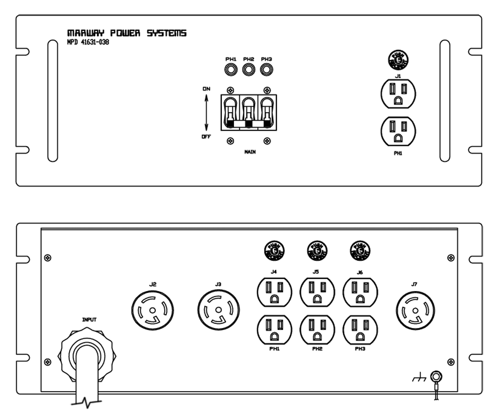 Product layout of front and back panels for Marway's MPD-41631-038 Optima PDU.
