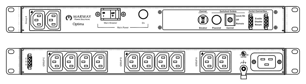 Product layout of front and back panels for Marway's MPD-520054-000 Optima PDU.