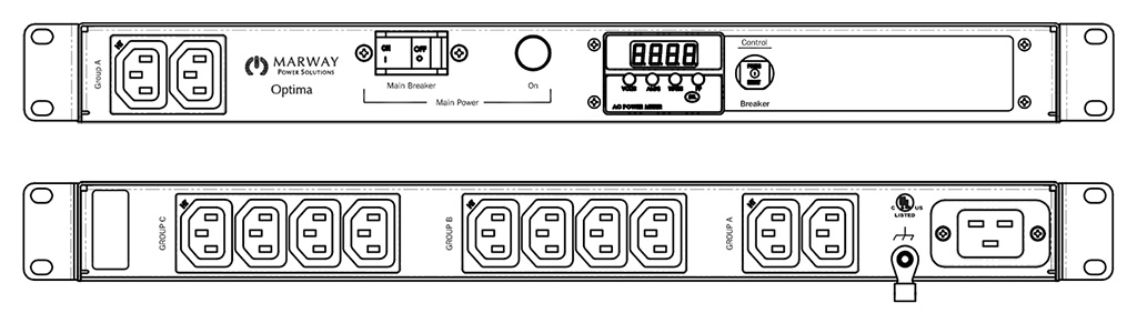 Product layout of front and back panels for Marway's MPD-520058-000 Optima PDU.